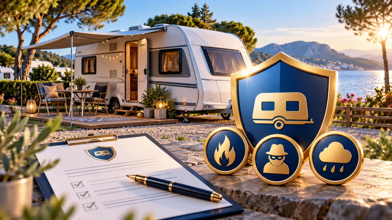 Illustration assurance automobile : assurance caravane stationnée : camping, terrain et contenu