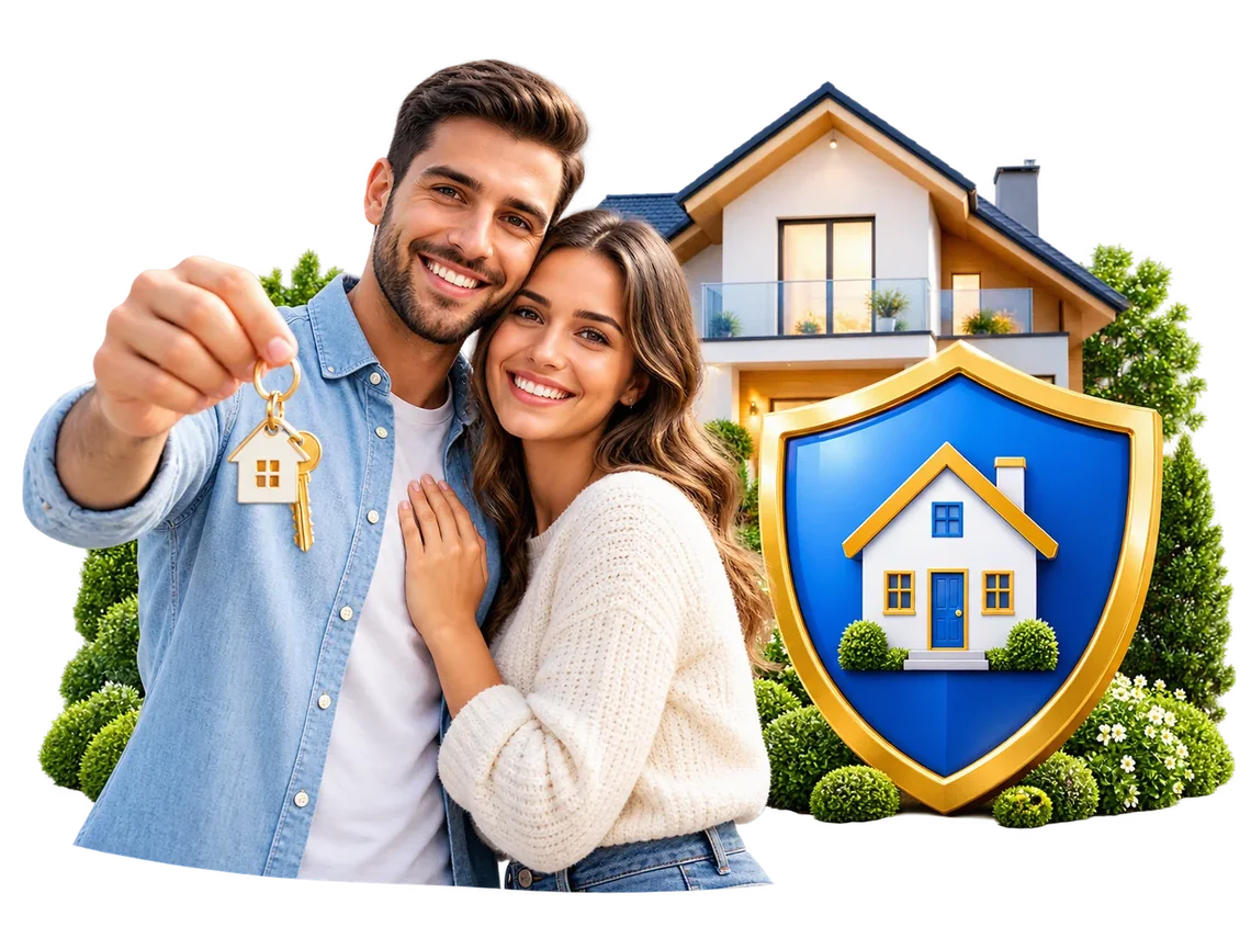 Couple propriétaire devant sa maison avec protection emprunteur