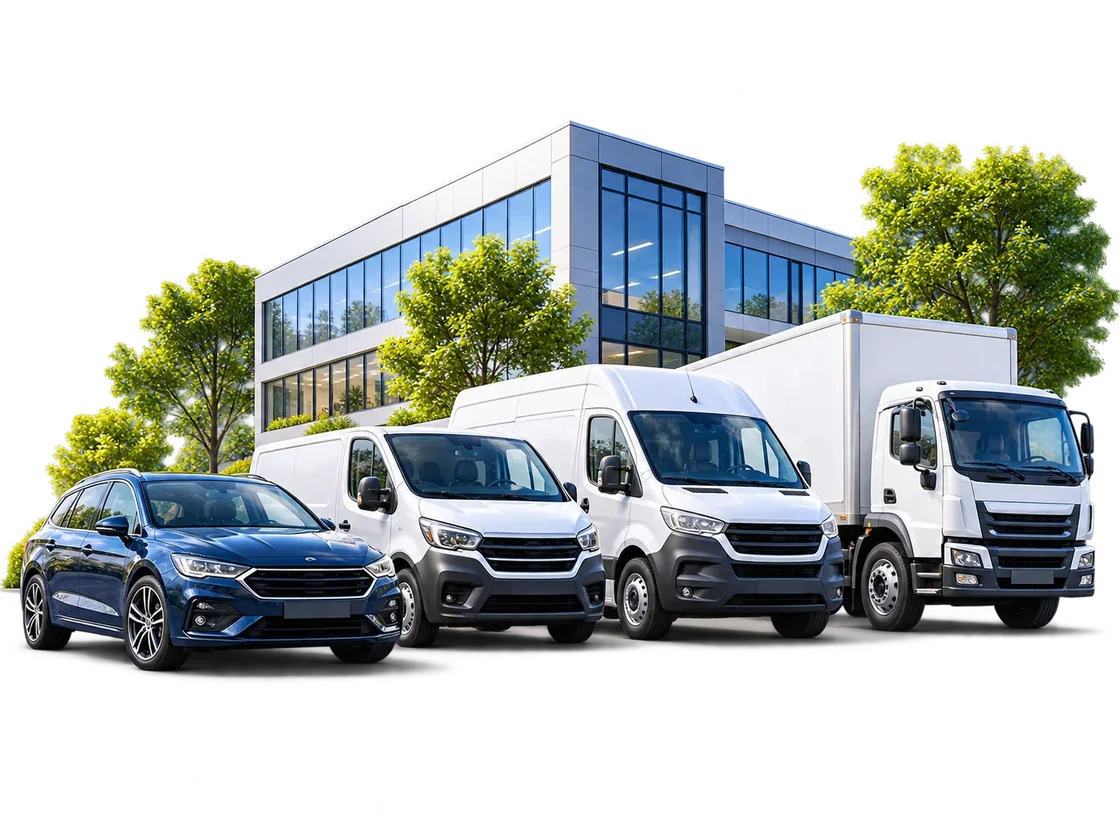 Flotte automobile professionnelle devant des bureaux modernes